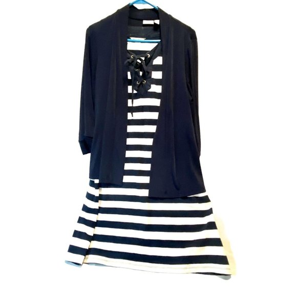 Tommy Bahama Blue White Striped Dress W Blue Chicos Cardigan Fits Like Medium - Picture 1 of 9